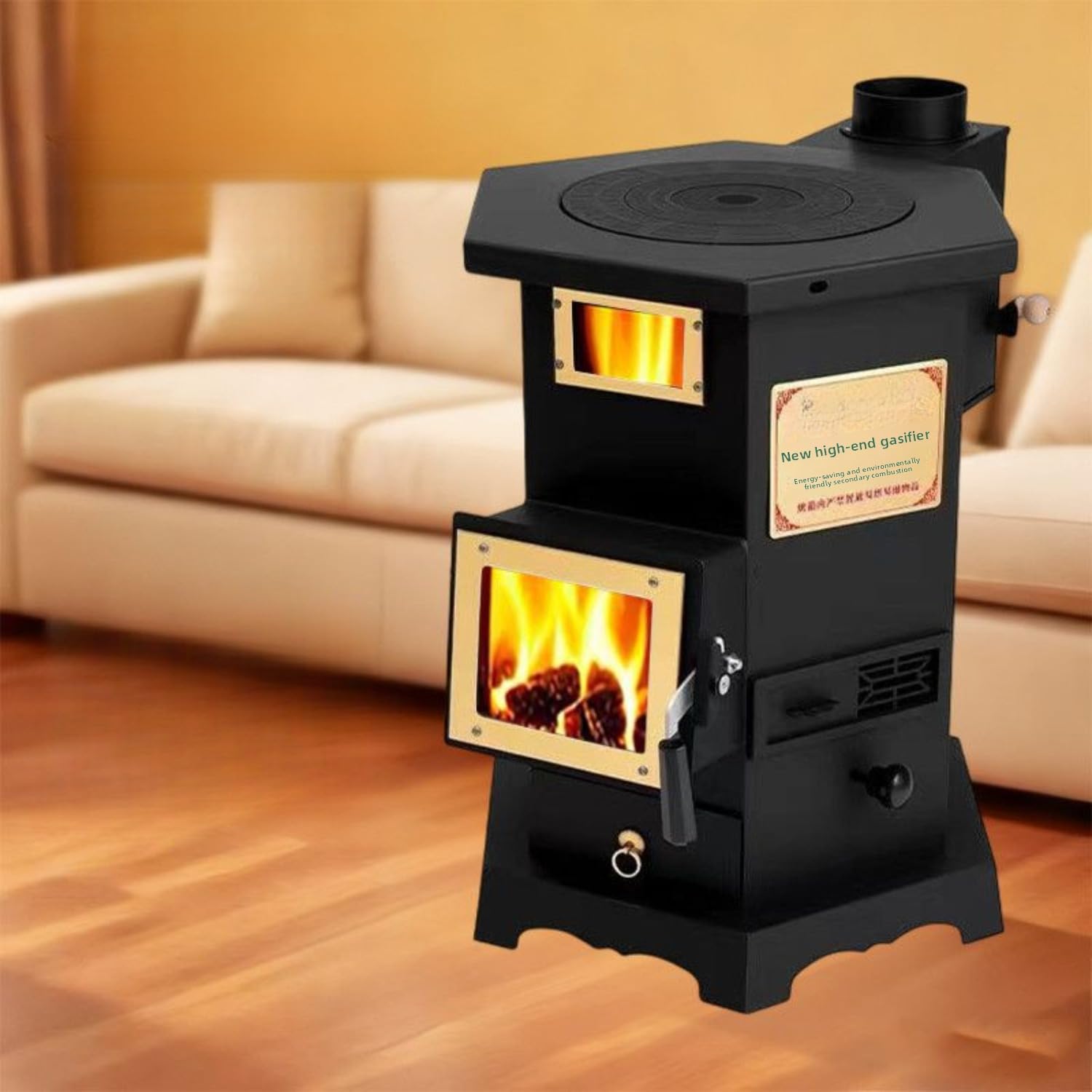 Visual True Fire, stufa a legna, sistema di combustione secondaria, multifunzione, in ghisa, per casa, soggiorno, villa rurale, alloggio in famiglia (nero, 55 cm)