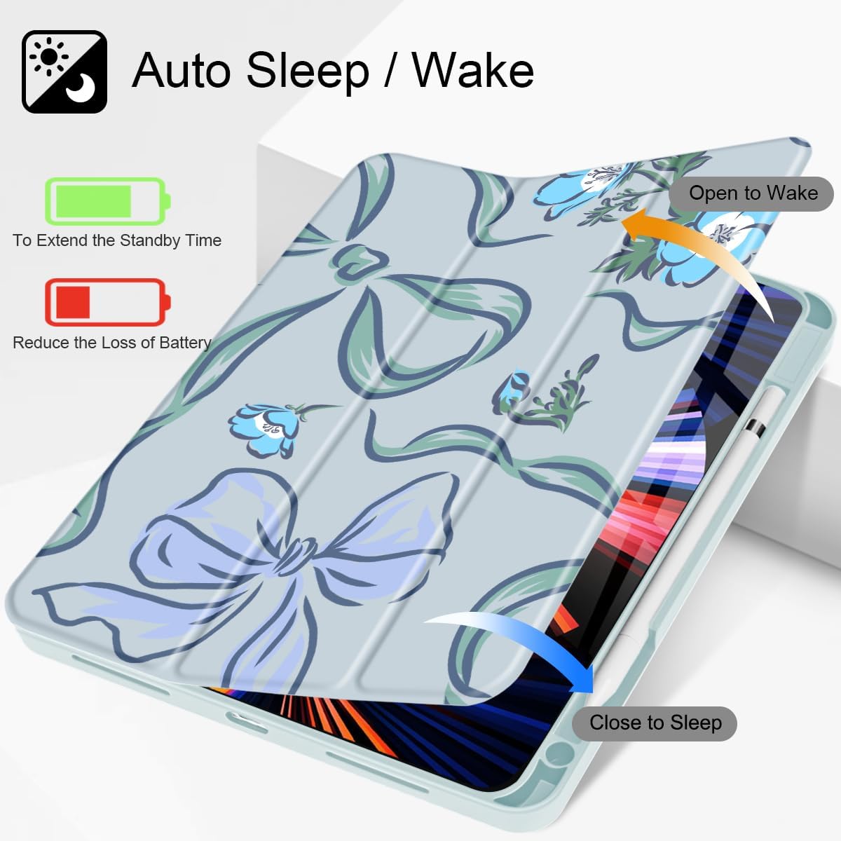 Mektron for iPad Pro 12.9“ M2 2022 Case Compatible iPad Pro 12.9 inch 6th/ 5th/ 4th/ 3rd Gen Cover 2021 2020 2018 Tablet Case with Soft Back Cover for 12.9-inch iPad Pro, Flowers-Bows-Blue