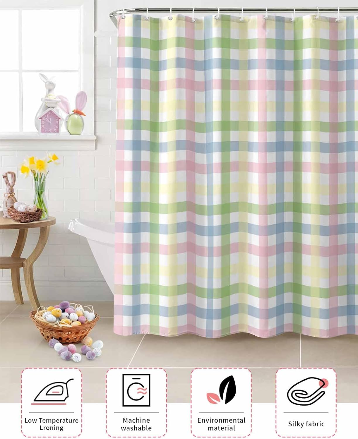 ALAGEO Easter Shower Curtain Spring Colorful Stripes Shower Curtains for Bathroom Decor Plaid Checkered Bath Curtains Sets for Spring Easter Bathroom Decor Fabric Waterproof Extra Long 72" X 96"