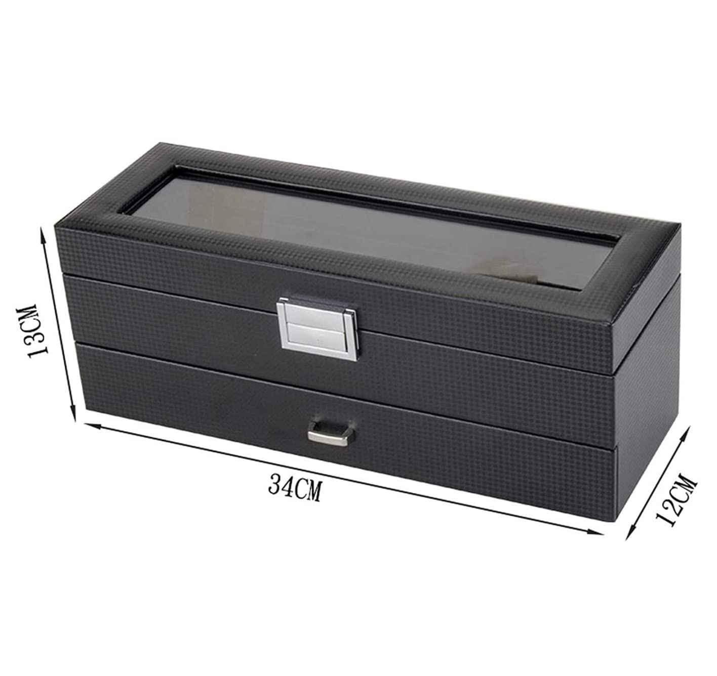 Uhrenbox-Organizer, Uhrengehäuse, PU-Leder, doppellagig, 6 Fächer, Uhrenbox mit Schublade, transparente Oberseite, abschließbare Sonnenbrillen-Aufbewahrungsbox, Uhrenständer, Uhrenbox