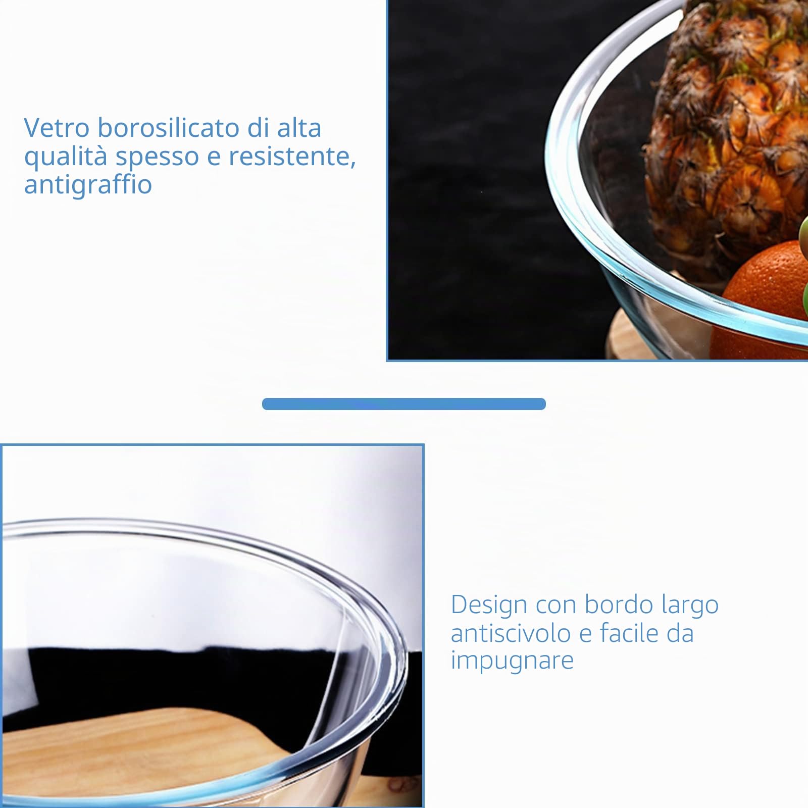 WhiteRhino Set di 4 ciotole in vetro con coperchi, resistenti al calore (3,5L, 2L, 1L, 0,5L), insalatiere trasparenti con coperchi senza BAP per cucina, forno a microonde e lavastoviglie