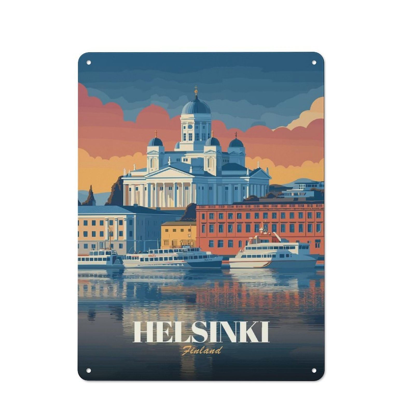 Junmoney Style-23 Tin Wall Plaque 40X30cm With Helsinki, Finland Cityscape Illustration For Studio Or Craft Room, Suited To Studio Decor Lovers