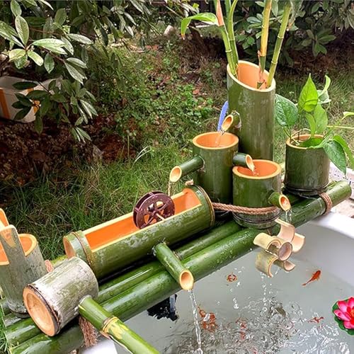 Bambus Brunnen Set, Freistehendes Zen Wasserspiel, Feng Shui Teichbrunnen für Garten, Wasserzirkulation Deko, für Terrasse, Rasen, Aquarium