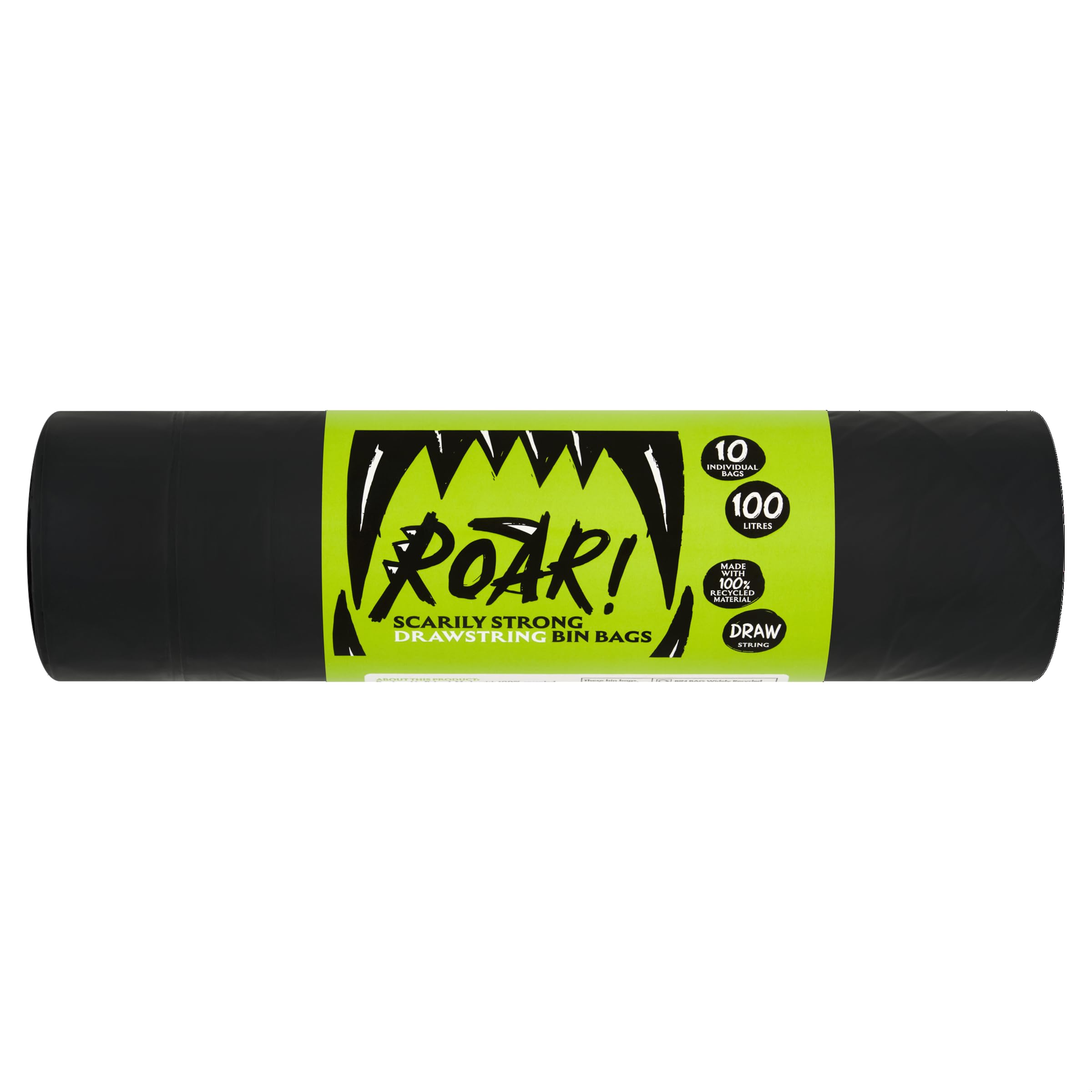Roar! Bin Bags 100 Litres, 10 Double Drawstring Ultra Strong Black Refuse Sacks, 100% Recycled Plastic, Everyday Use, Household, Office & Kitchen Waste