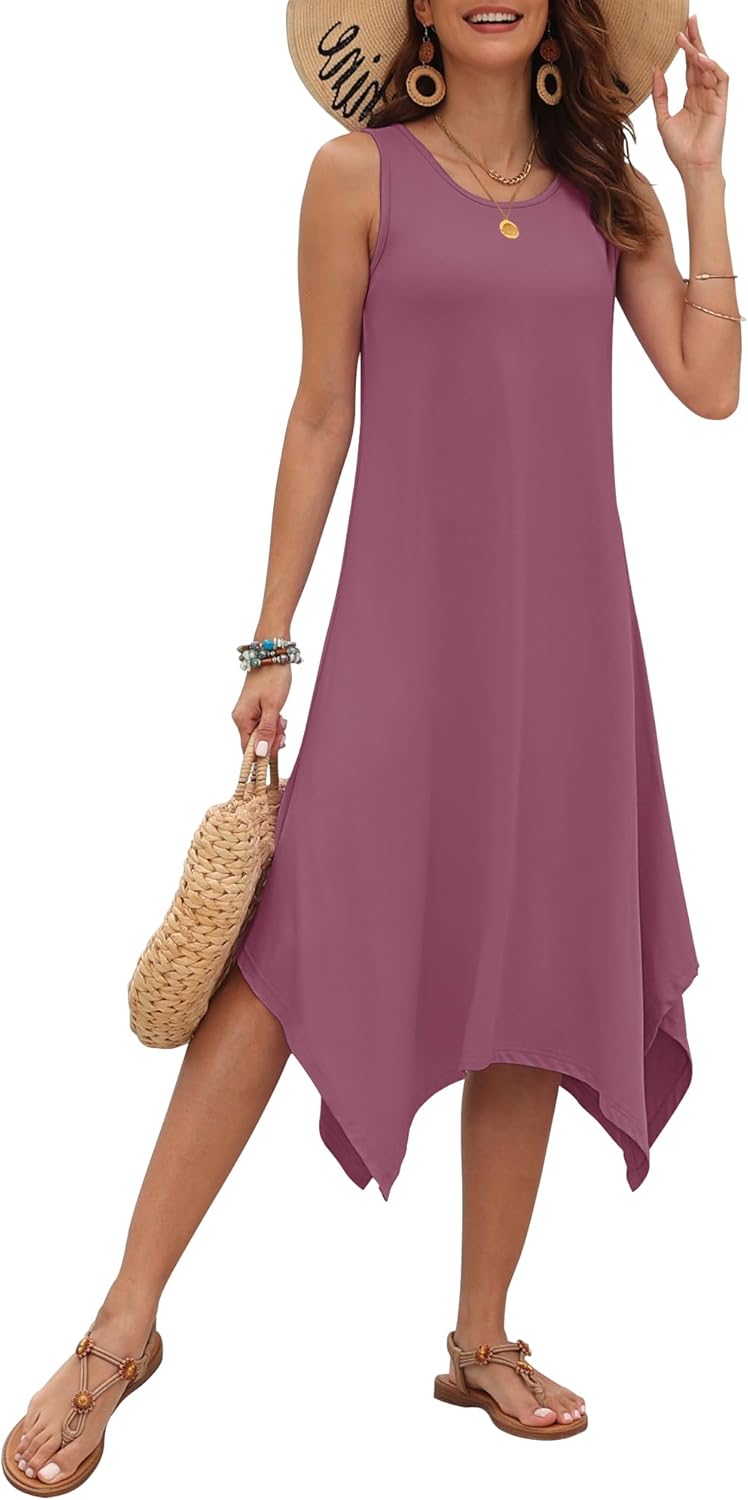 AUSELILY Women's Summer Dresses 2025 Casual Sleeveless Sundress Asymmetrical Hem Midi Tank Beach Dress with Pockets Mauve L