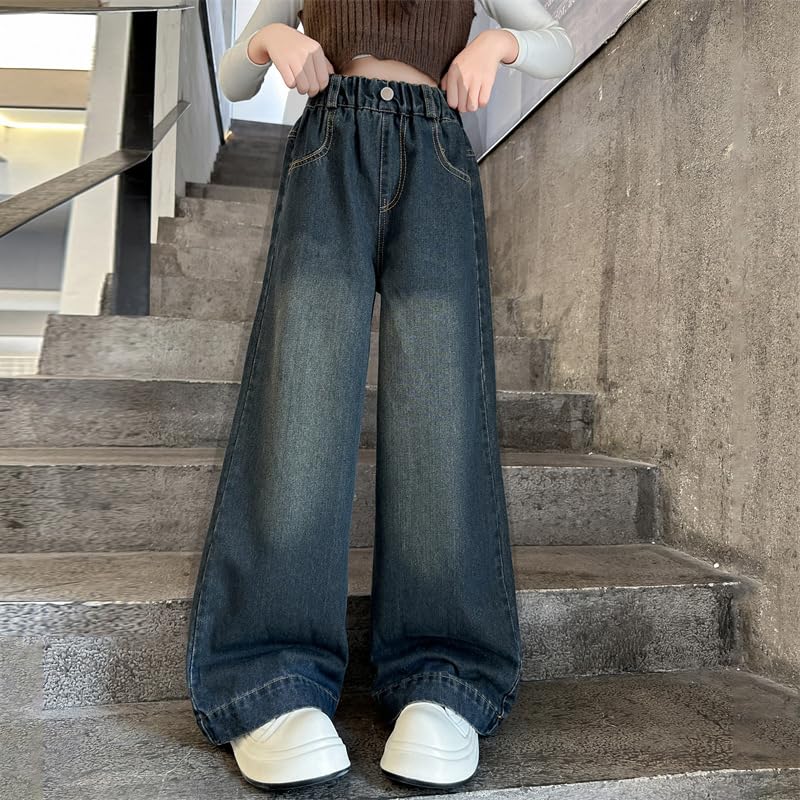 Girls Baggy Wide Leg Jeans Elastic Waist Casual Washed Denim Pants for 3-14 Years3