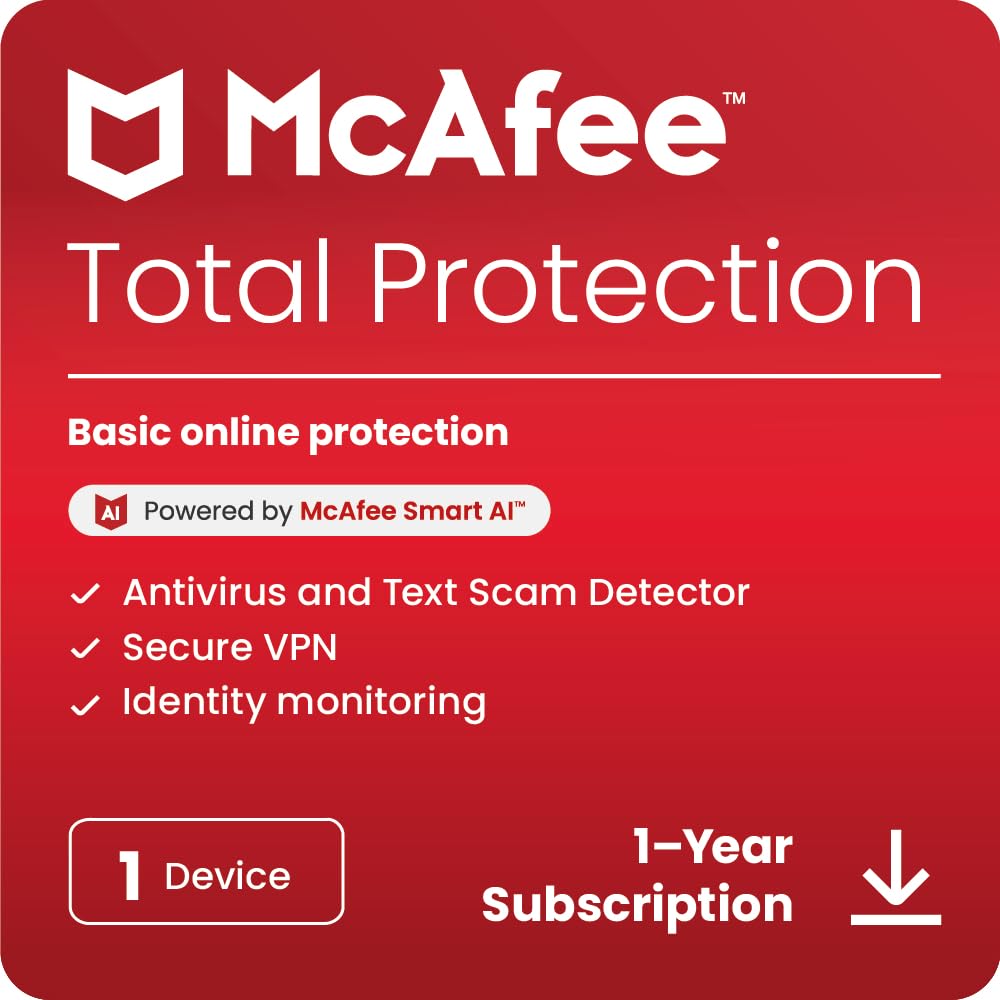 McAfee Total Protection 1-Device 2026 | Security Software Includes Antivirus,VPN, Scam Protection, Identity Monitoring | 1-Year Subscription with Auto-Renewal | Digital download