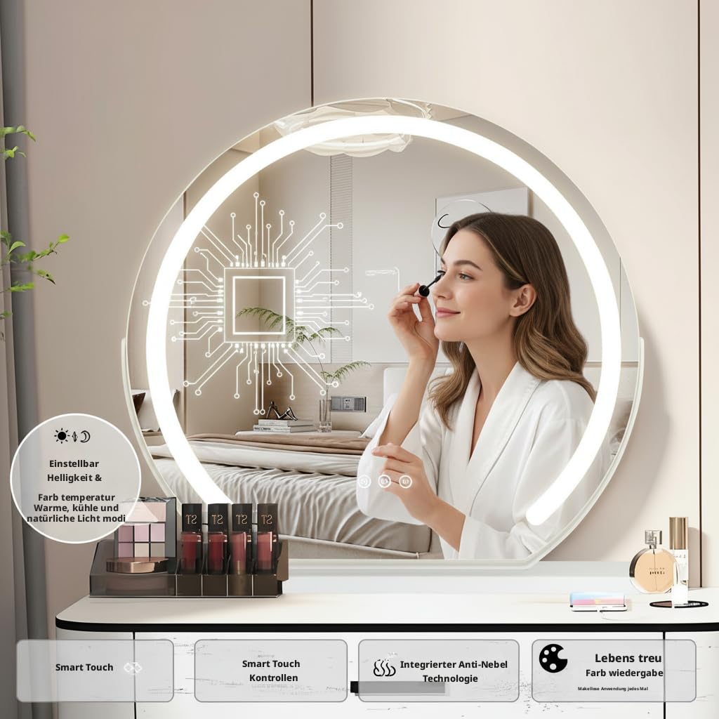 LED Kosmetikspiegel, 3-farbige Licht Verstellbare LED-Hollywood-Spiegel, 360-Grad-Dreh, Schlafzimmer, Kosmetik-Raum, Umkleideraum Touchscreen Dimmer, 60 cm