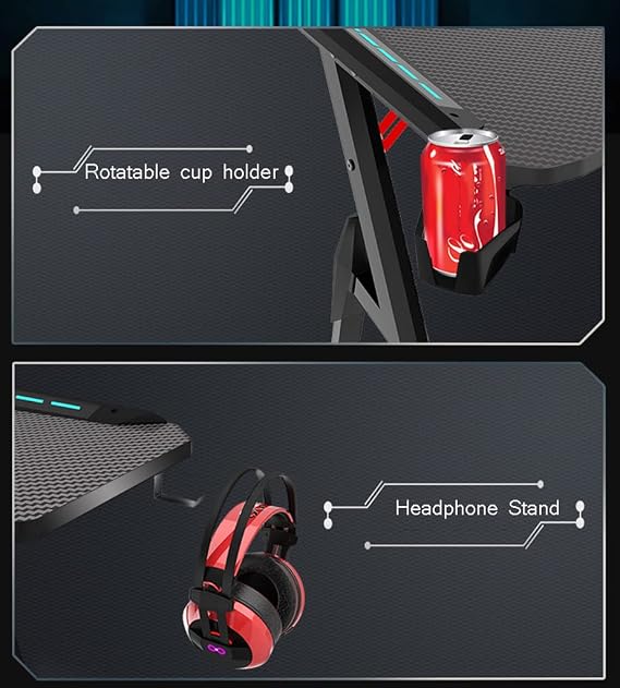 BOKNI Bestier Gaming Desk with LED Lights, Ergonomic Gaming Desk for PC, Y-Shaped Computer Workstation with Heavy Duty Metal and Wood Computer Desk for Gaming and Office, Red