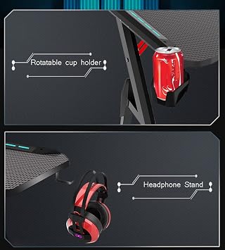 BOKNI Bestier Gaming Desk with LED Lights, Ergonomic Gaming Desk for PC, Y-Shaped Computer Workstation with Heavy Duty Metal and Wood Computer Desk for Gaming and Office, Red