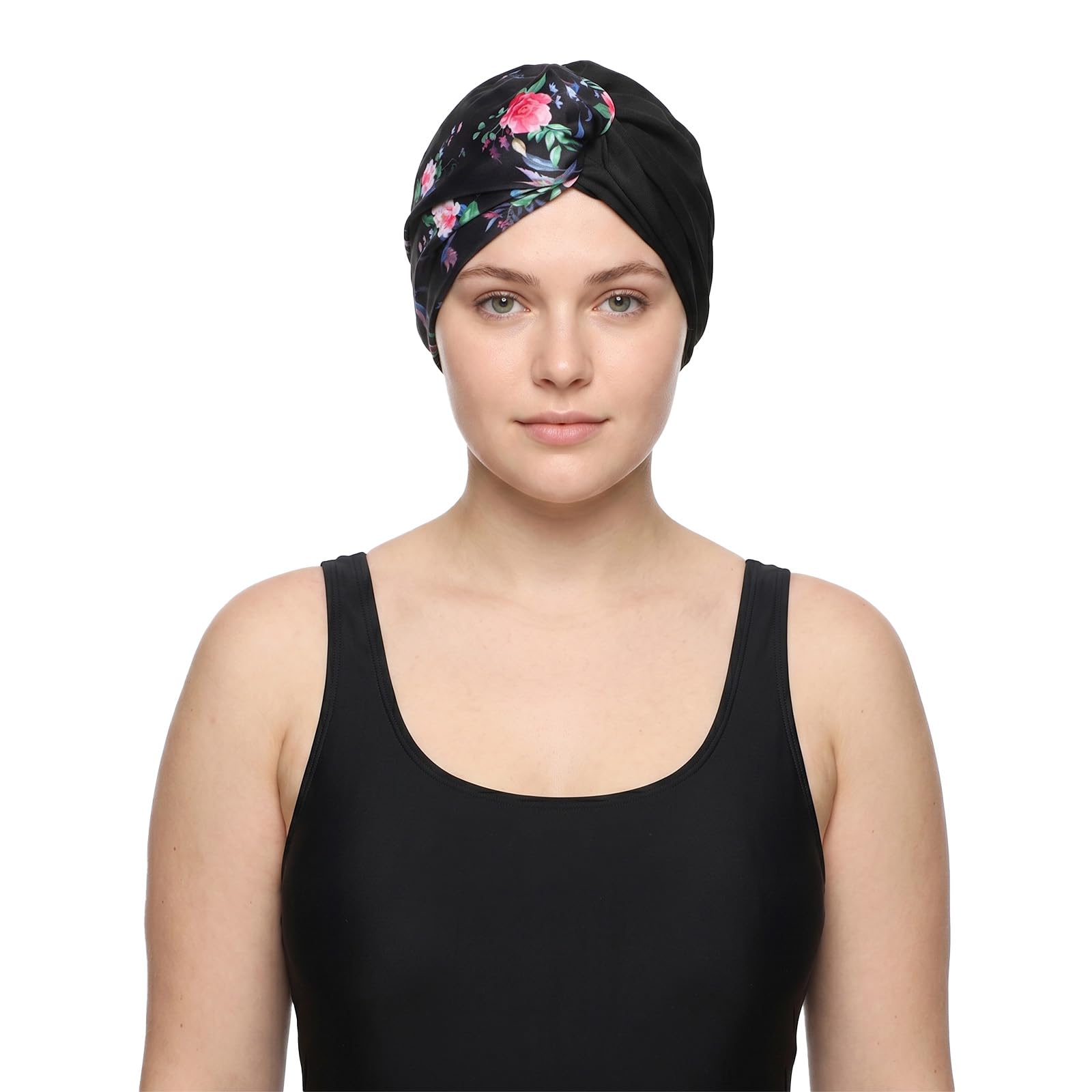 Womens Pleated Elastic Swim Cap Large Size Floral Print Non-Tight Stretch Cap Long Hair Pool & Beach Travel Headwear