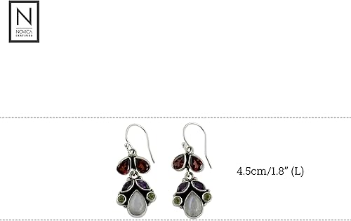Miniatura 4 de NOVICA Aretes artesanales hechos a mano con piedra de luna de amatista, plata de ley 925, multigema de la India, granate, peridoto verde