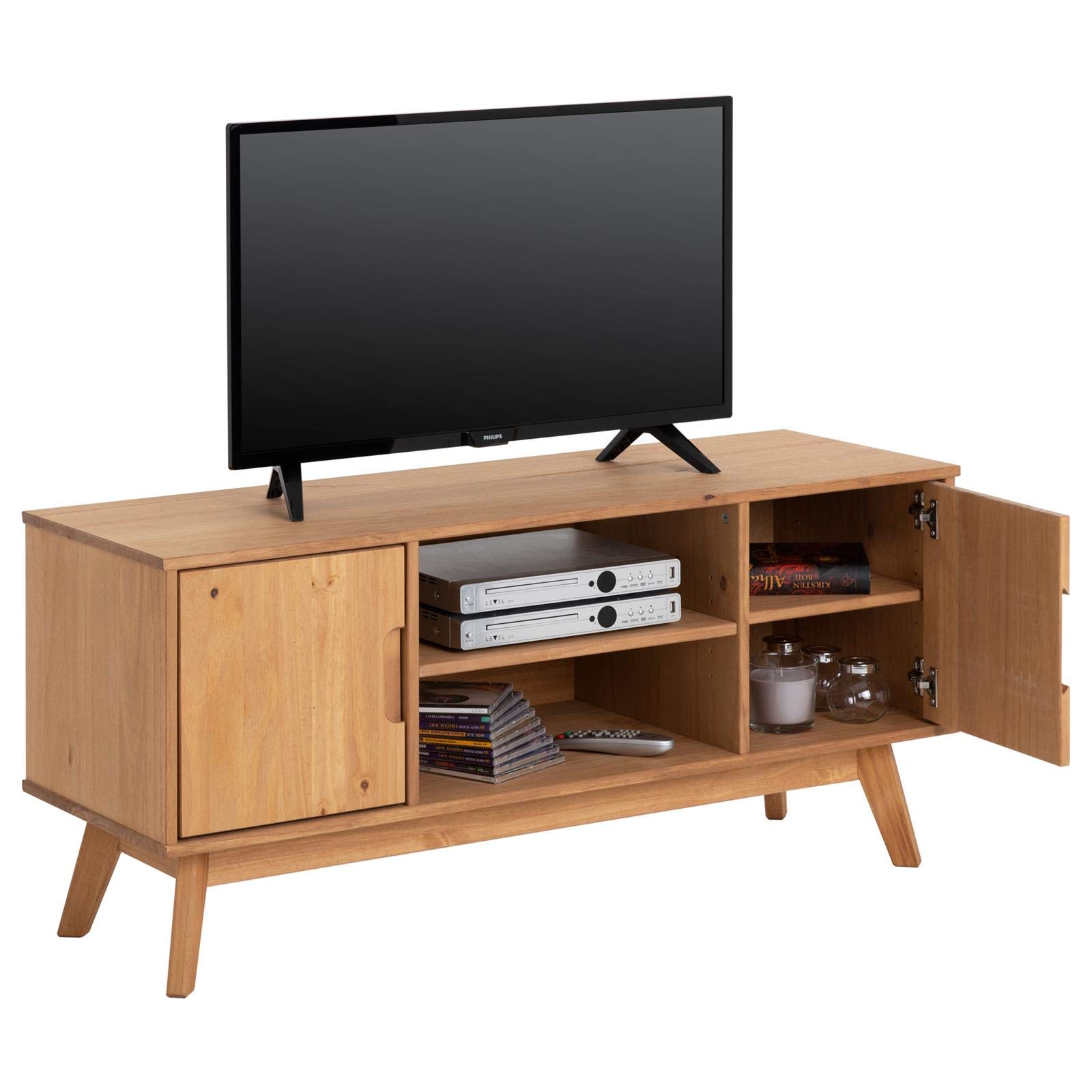 IDIMEX TV Lowboard Tivoli 115cm, Eiche Finish - Kiefer Massivholz, schmaler Fernsehtisch mit Stauraum und offenem Fach, modernes skandi Design