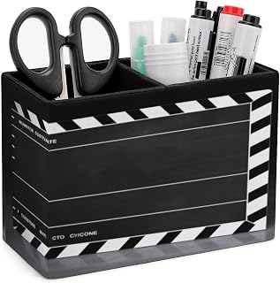 Rectangle Pen Holder Movie Clapboard Desk Organizer Pencil Cup | PU Leather Desktop Caddy Container Case with 2 Slots, Stationery Pens Remotes Makeup Brushes Essentials Home Office Supply