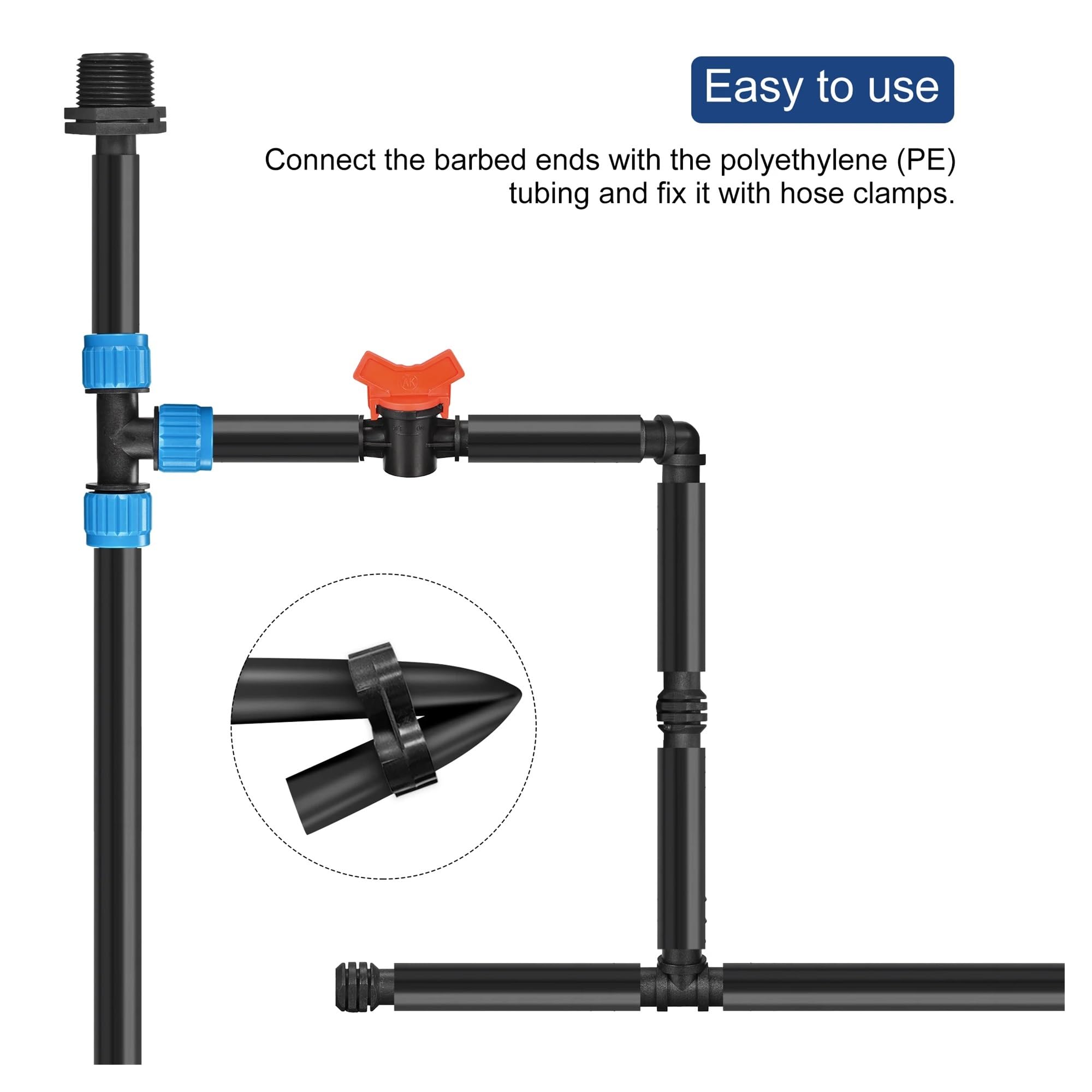 Kit de accesorios de riego con púas de 19,5 mm: tubo de goteo de 3/4", 8 tees/8 codos/8 extremos/2 válvulas, PE
