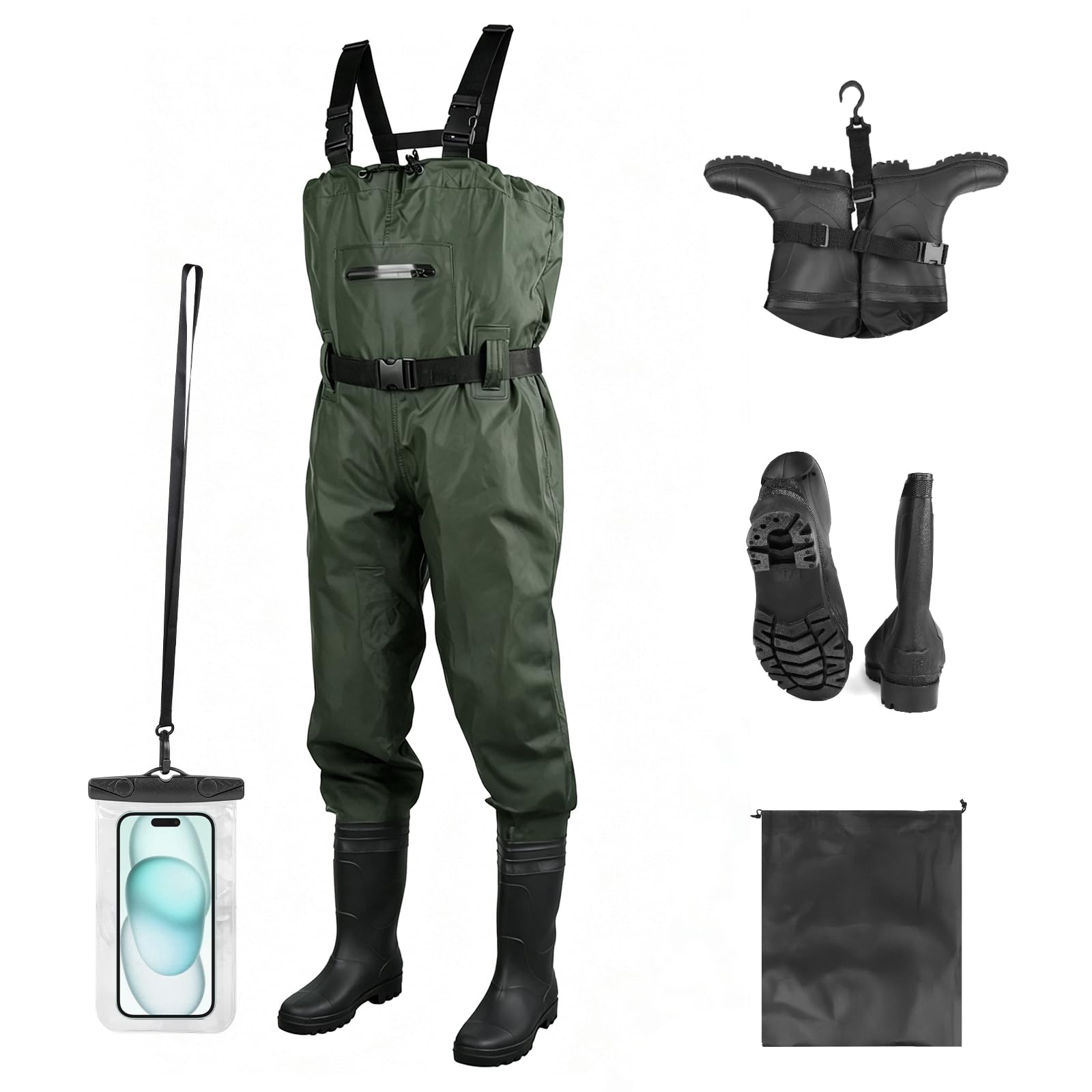 SWAWIS Scafandro da Pesca Waders in Verde Militare Tute Impermeabili Traspiranti Adatte per Cantieri Edili, Adatto a Uomo e Donna 46W