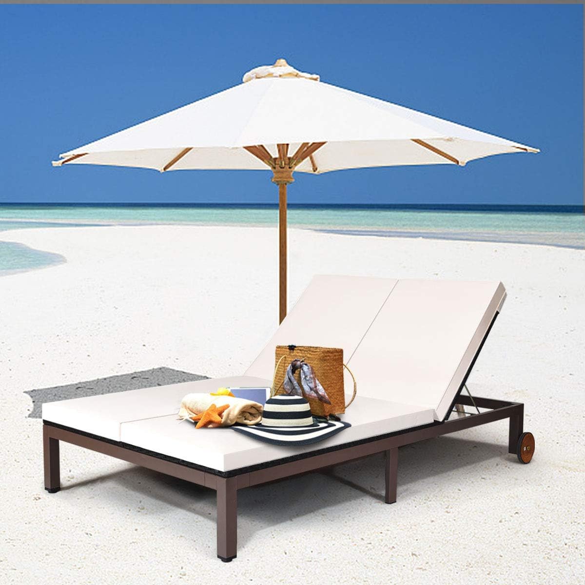HAPPYGRILL 2-Person Patio Lounge with Wheels, Rattan Wicker Chaise Lounge Chair with Adjustable Backrest, Outdoor Sofa Daybed with Cushion for Garden Lawn Backyard