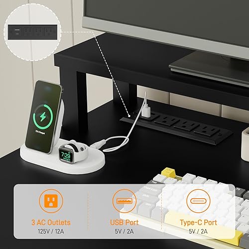 Miniatura 4 de Vabches Escritorio ejecutivo de granja de 47 pulgadas con soporte para monitor y luces LED, escritorio de computadora de 4 cajones con tomas de