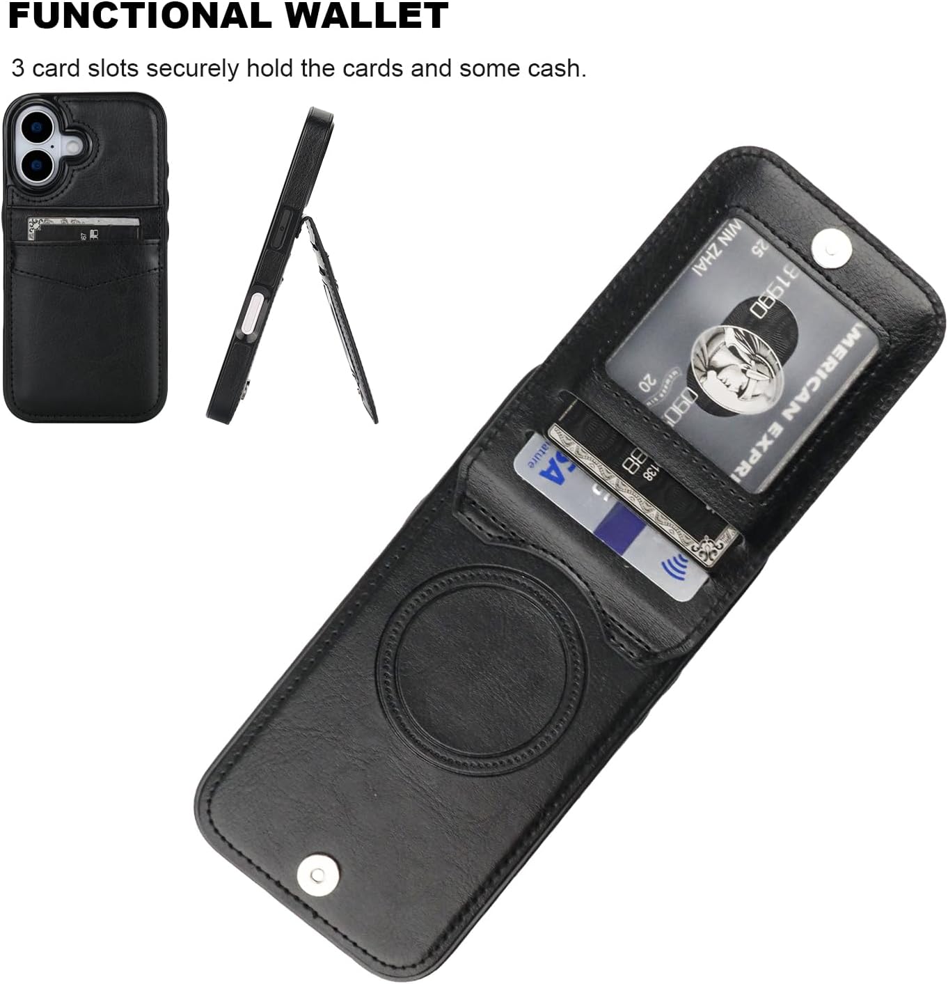 KIHUWEY for iPhone 17 Case Wallet Compatible with MagSafe Wireless Charging, Credit Card Holder, RFID Flip Leather Magnetic Clasp Kickstand Heavy Duty Protective Cover 6.3 Inch (Black) - Image 3