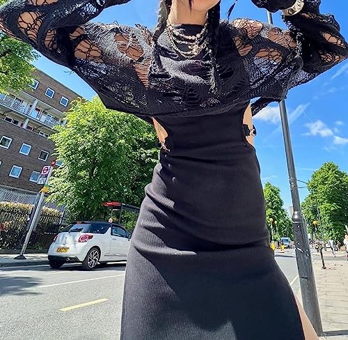 Image of Women Gothic Sweater Hollow Out Ripped Knit Pullover Punk Hole Sexy Slim Fit Cutout Long Sleeve T Shirts Top