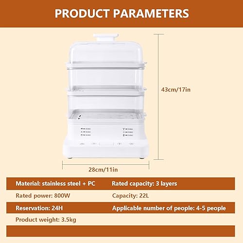 Miniatura 8 de Máquina de calentamiento eléctrica de 22 litros con estante de vapor de 3 capas, olla de vapor antiadherente con pantalla y cubierta superior