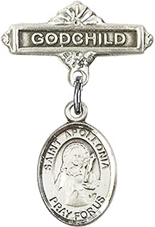 Sterling Silver Baby Badge with St. Apollonia Charm and Godchild Badge Pin 1 X 5/8 inches