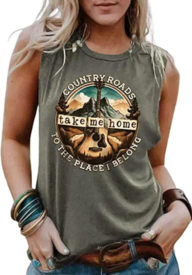 Country Roads Take Me Home to The Place I Belong Tank Top Women Country Music T-Shirts Guitar Graphic Vintage Tee Vest