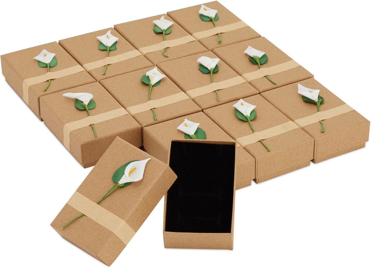 Juvale Jewelry Boxes - 12 Pack, 3.5 x 2.2 x 1.2 In, Brown Cardboard - Mini Case With 3D Lily Flower Top & Removable Velvet Foam Pad - Earring & Necklace Boxes Bulk