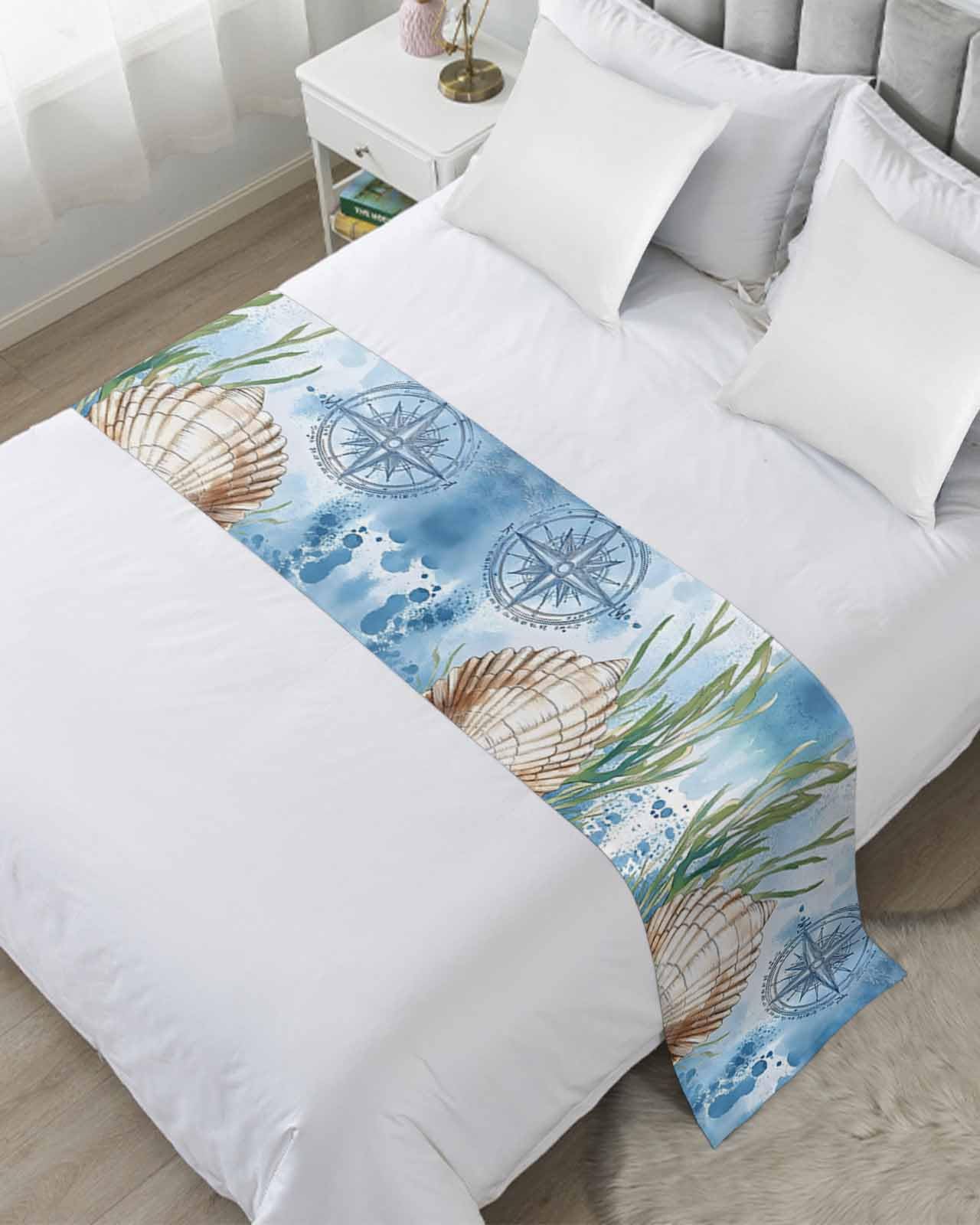 DecorLovee Coastal Nautical Bed Runners for Twin Size Bed, Decorative Bed Throws for Foot of Bed, Summer Ocean Shell Seaweed Bed Runner Sofa Throw Bedding Scarf Protector Slipcover for Bedroom/Hotel
