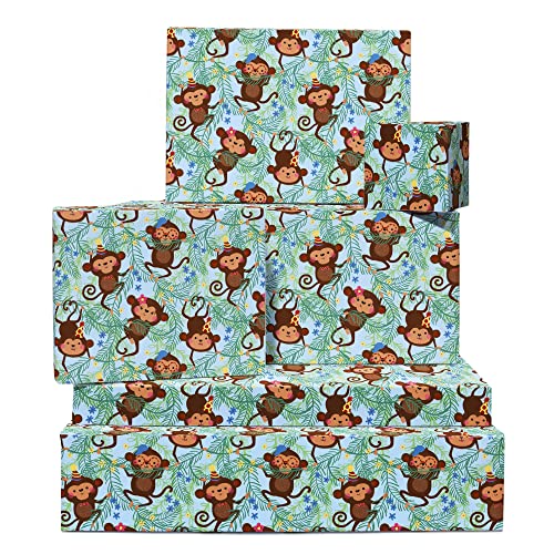 Papel de regalo de cumpleaños para niños, 6 hojas de papel de regalo para animales, mono para safari jungle para niños y niñas, viene con pegatinas divertidas, reciclable, por Central 23