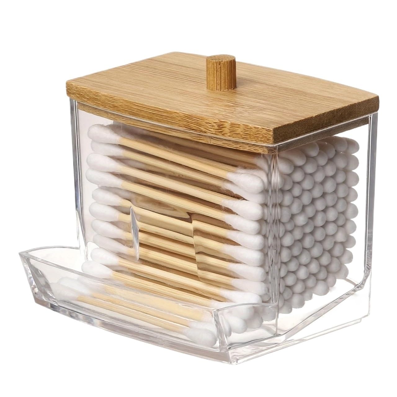 Lianxibag Clear Acrylic Swab Holder With Wooden Lid, Sleek Bathroom Container For Cotton Swabs & Pads, Lightweight Storage
