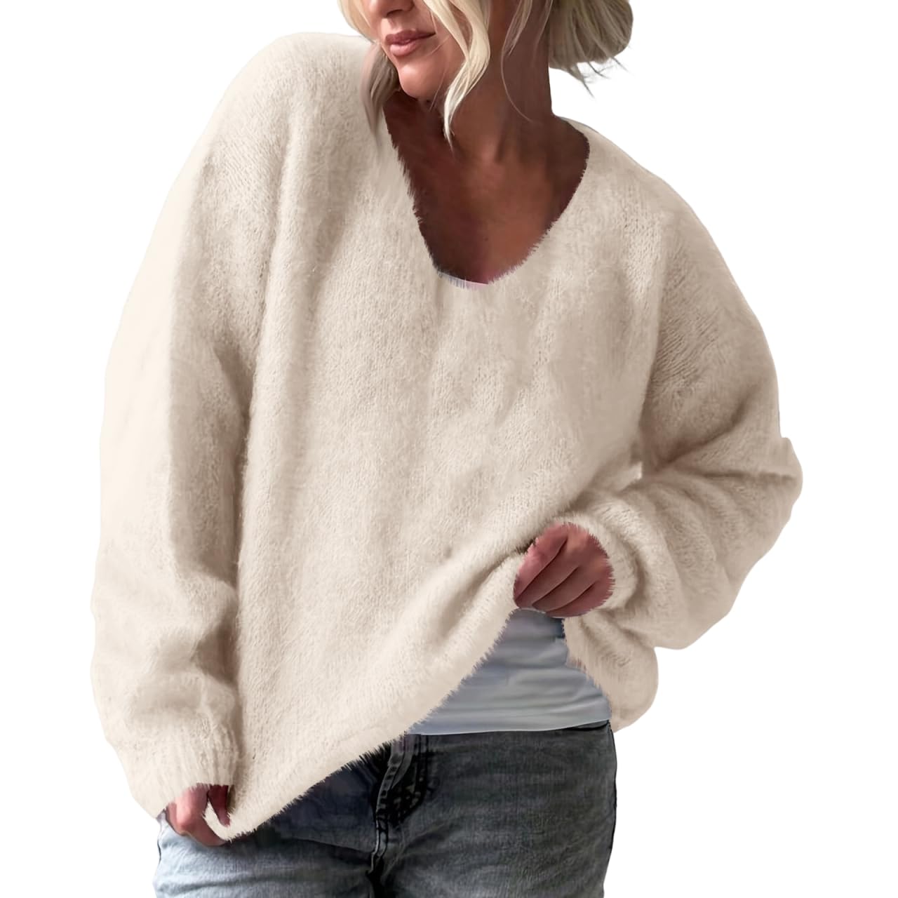 Cashmere Sweaters for Women V Neck Long Sleeve Tops Classic Soft Knitted Pullover Sweater Loose Fall Winter Jumper