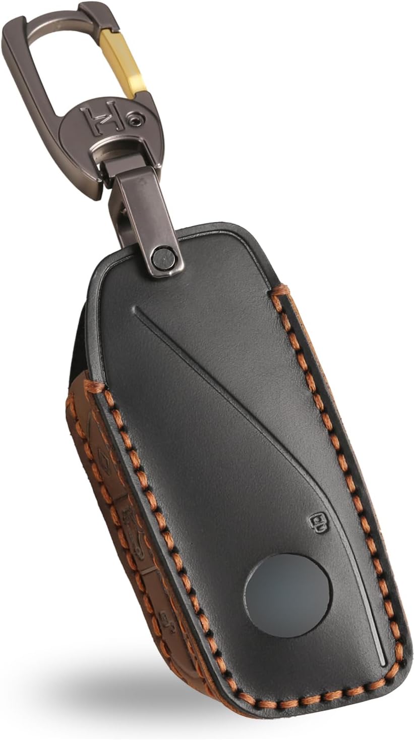 OLLEN Genuine Leather Key Fob Cover, Compatible with BMW 2023 2024 2025 New 5 Series 7 Series 740i 760i X1 X5 X6 X7 XM IX IX3 I5 I7 Premium Leather Smart Remote Key Protector, Black