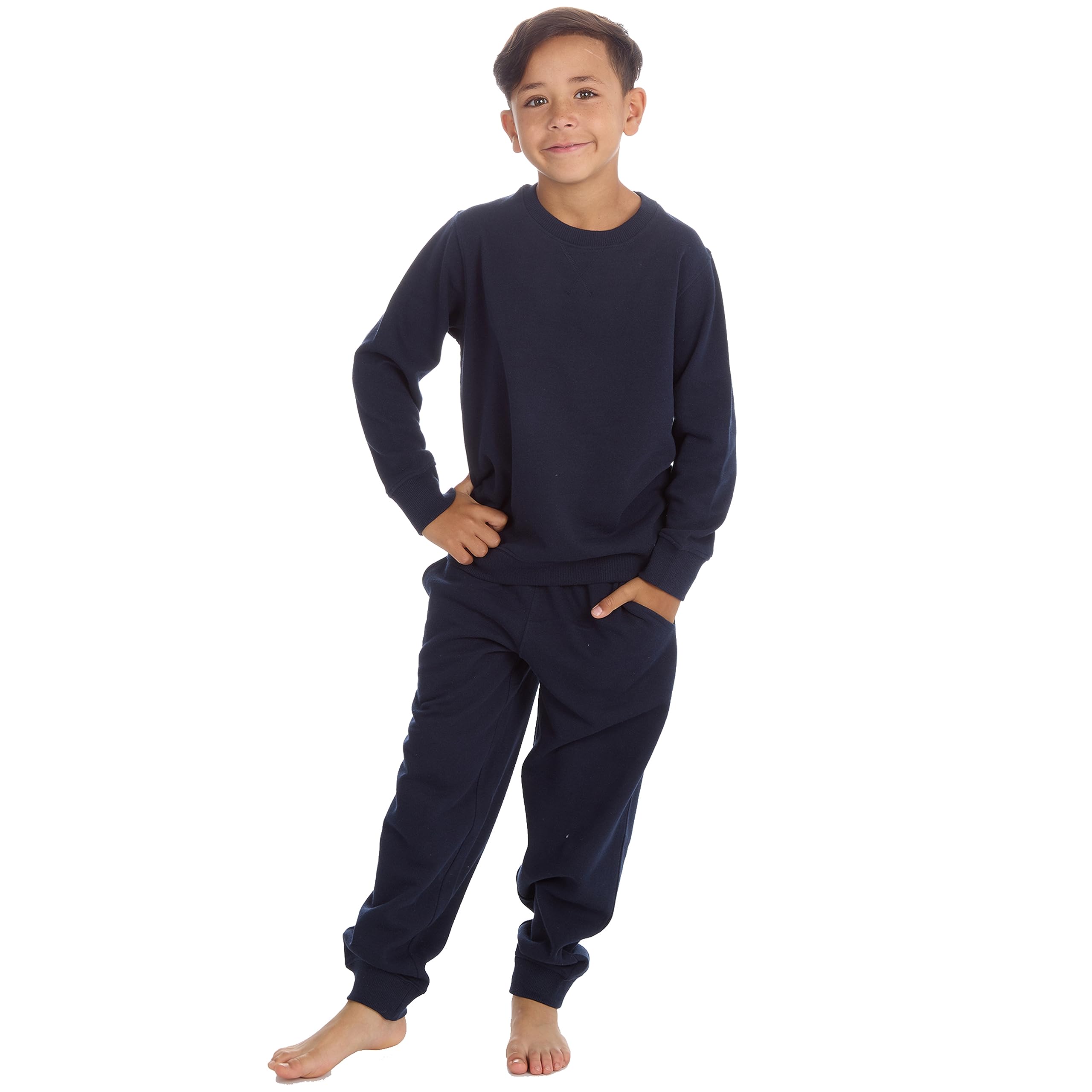 Metzuyan Kids Boys Plain Tracksuit Pullover Crew Neck Joggers Cotton Rich Sweat Set Navy 13 Years