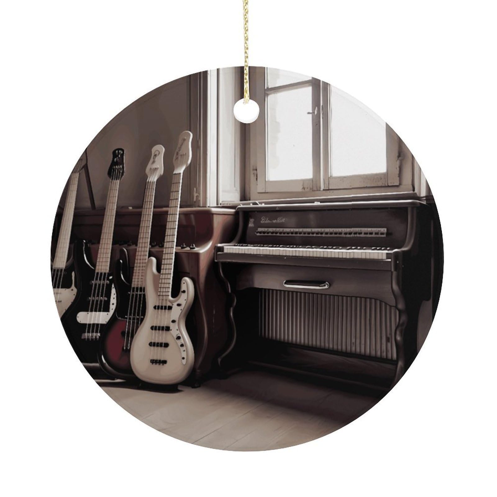 Guitar Bass Music Musical Instruments Christmas Ornament,Round Ceramic Ornaments Personalized Christmas Tree Ornament for Holiday Porcelain Keepsake Gifts Ideas Home Decor
