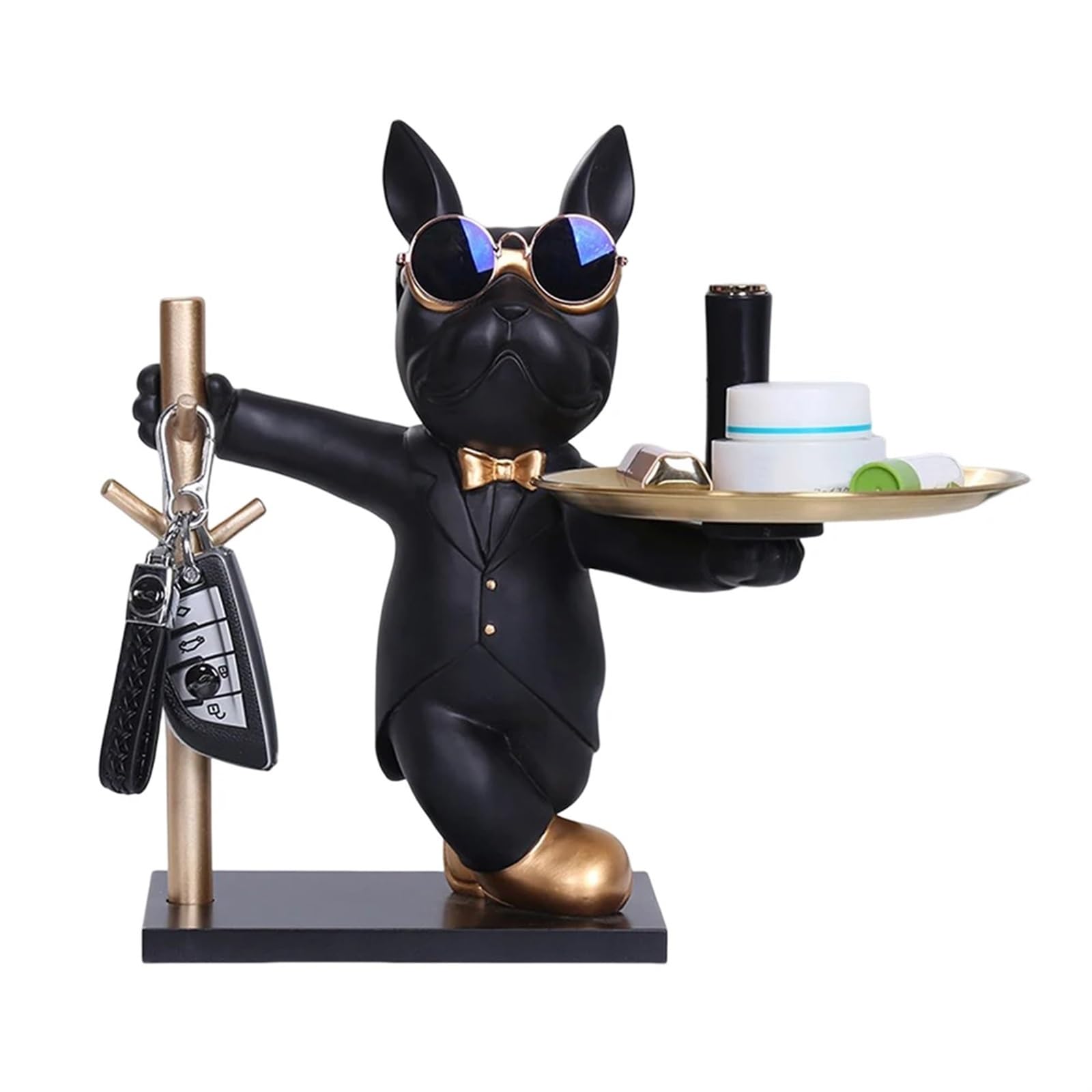 Statue de rangement Bulldog noir artisanat élégant en résine avec palette