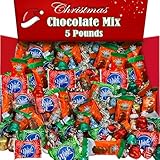 Bulk Christmas Chocolate Mix, 5 Lb Individually Wrapped Holiday Candy, Miniature Christmas Chocollate Kisses 6 Flavor Variety, Santa, Snowman, Sugar Cookies and More, Red and Green Stocking Stuffer Candy Gift