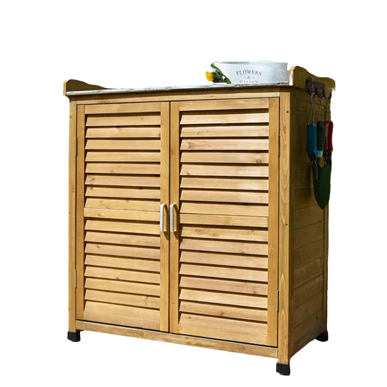 Outdoor-Pflanztisch mit Metallarbeitsplatte - Wasserdichter UV-beständiger Doppeltür-Schuppen, Werkzeugorganizer mit Fächern für Garten, Terrasse & Rasen(Light beige)