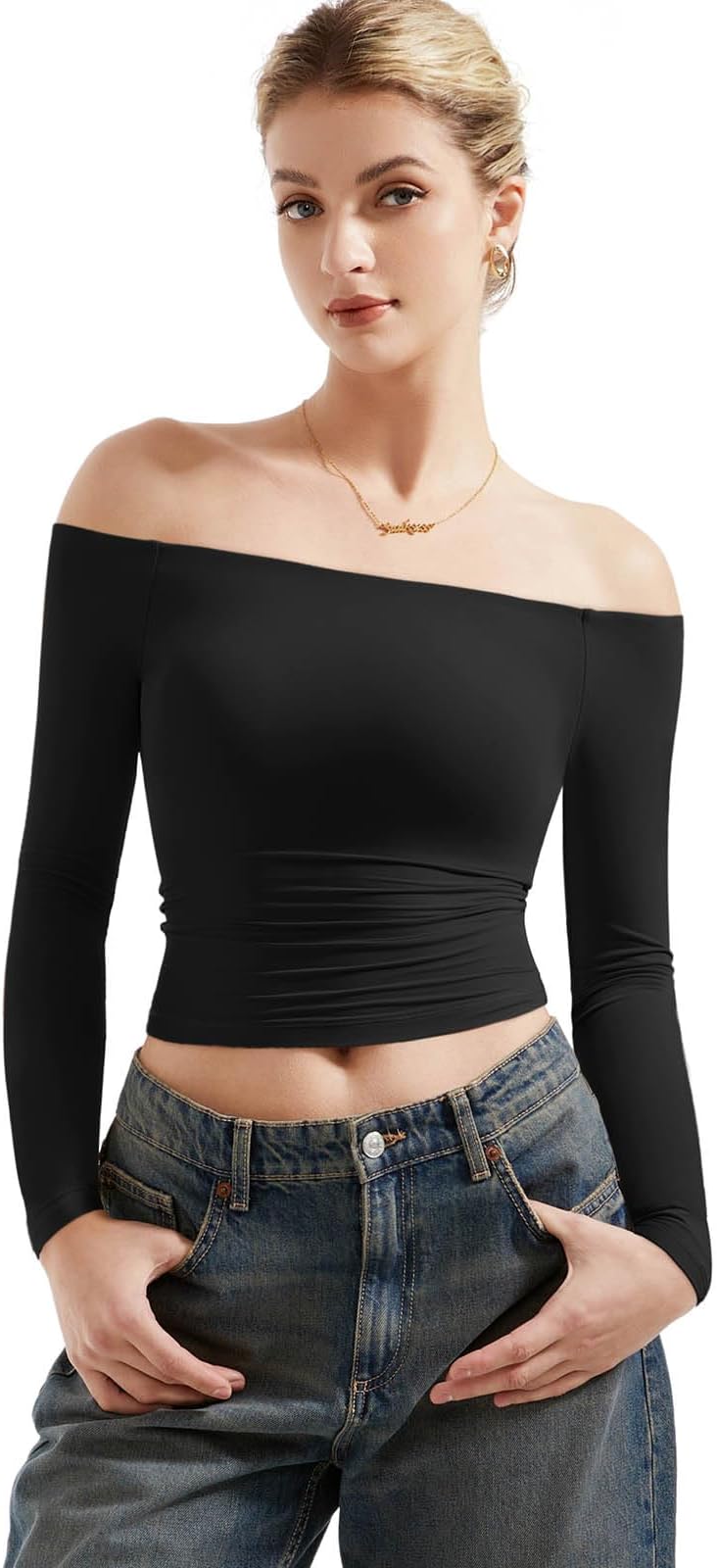 Women Off Shoulder Double Lined Long Sleeve Shirts Basic Going Out Tops