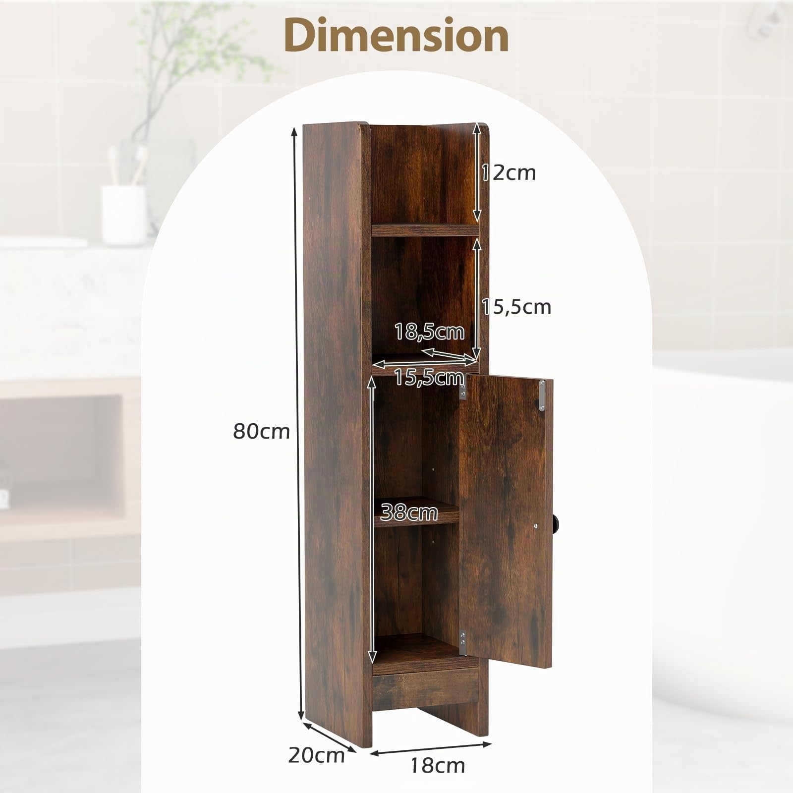 COSTWAY Meuble de Salle de Bain, Armoire d'angle pour Papier Toilette avec Porte et Étagère Réglable, Meuble de Rangement Étroit avec Compartiment Ouverte, 20 x 18 x 80 cm (Marron Rustique)