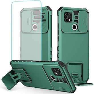 Case for Oppo A15 Case, Oppo A15S CPH2185 CPH2179 Case with Tempered Glass Screen Protector and Slide Camera Cover, Heavy Duty Kickstand Slim Protective Phone Cover for Oppo A15 Dark Green