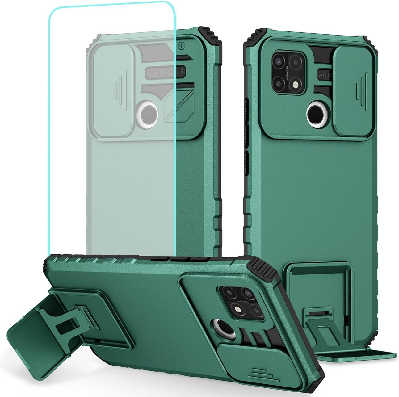 Case for Oppo A15 Case, Oppo A15S CPH2185 CPH2179 Case with Tempered Glass Screen Protector and Slide Camera Cover, Heavy Duty Kickstand Slim Protective Phone Cover for Oppo A15 Dark Green