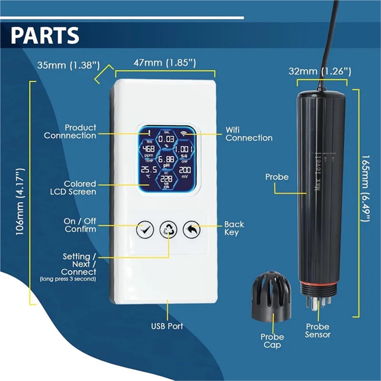 Tester intelligente della qualità acqua 7 in 1, monitor Wi-Fi wireless for acquario, misura PH, ORP, TDS, EC, salinità, SG, TEMP,Multifunzionale