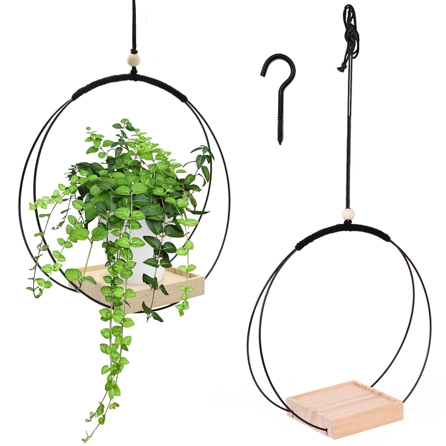 SEAHUI Hanging Plant Pot Holder, Wooden Base Ceiling Hanging Plant Basket Holder with Hooks, Plant Pot Hangers for Indoor Outdoor Home Decoration (Round)
