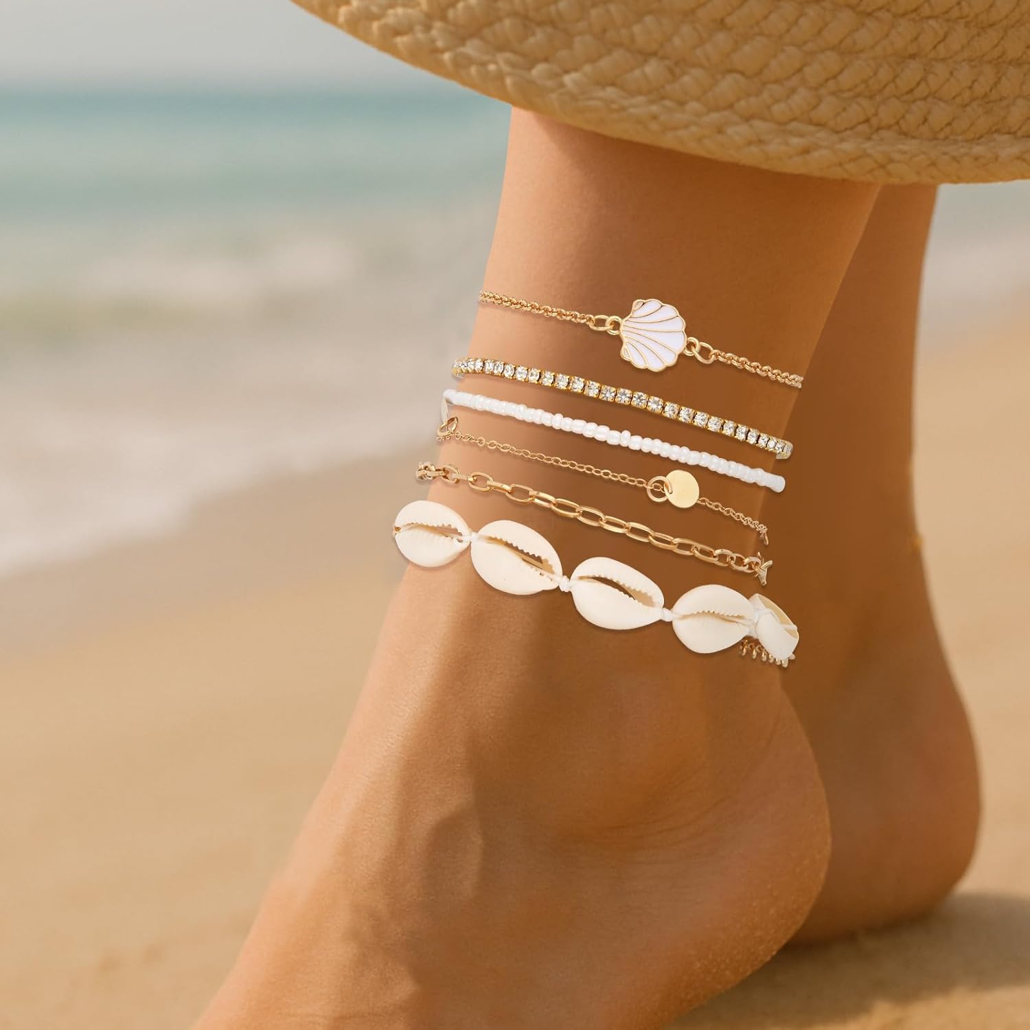 Bead Ankle Bracelets Set for Women, Adjustable Boho Gold Beach Anklets with Pearl Conch Shell and Disc Charms Hawaiian Summer Seashell Beaded Waterproof Foot Jewelry - Image 4