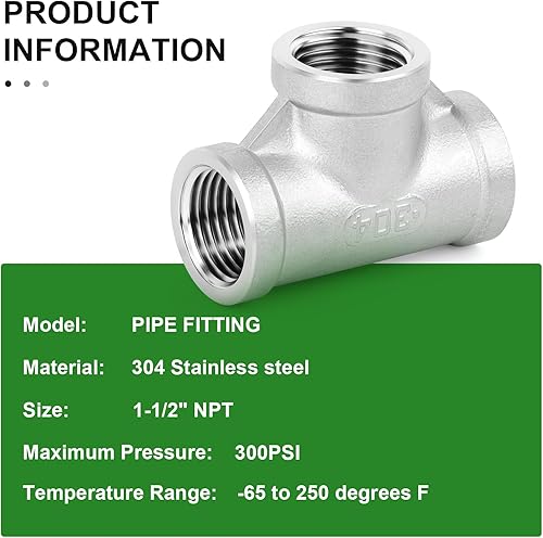 Miniatura 6 de TAISHER 2 piezas de accesorios de tubería de acero inoxidable 304, accesorios de tubería hembra NPT de 1-12 "x 1-12" x 1-12 "