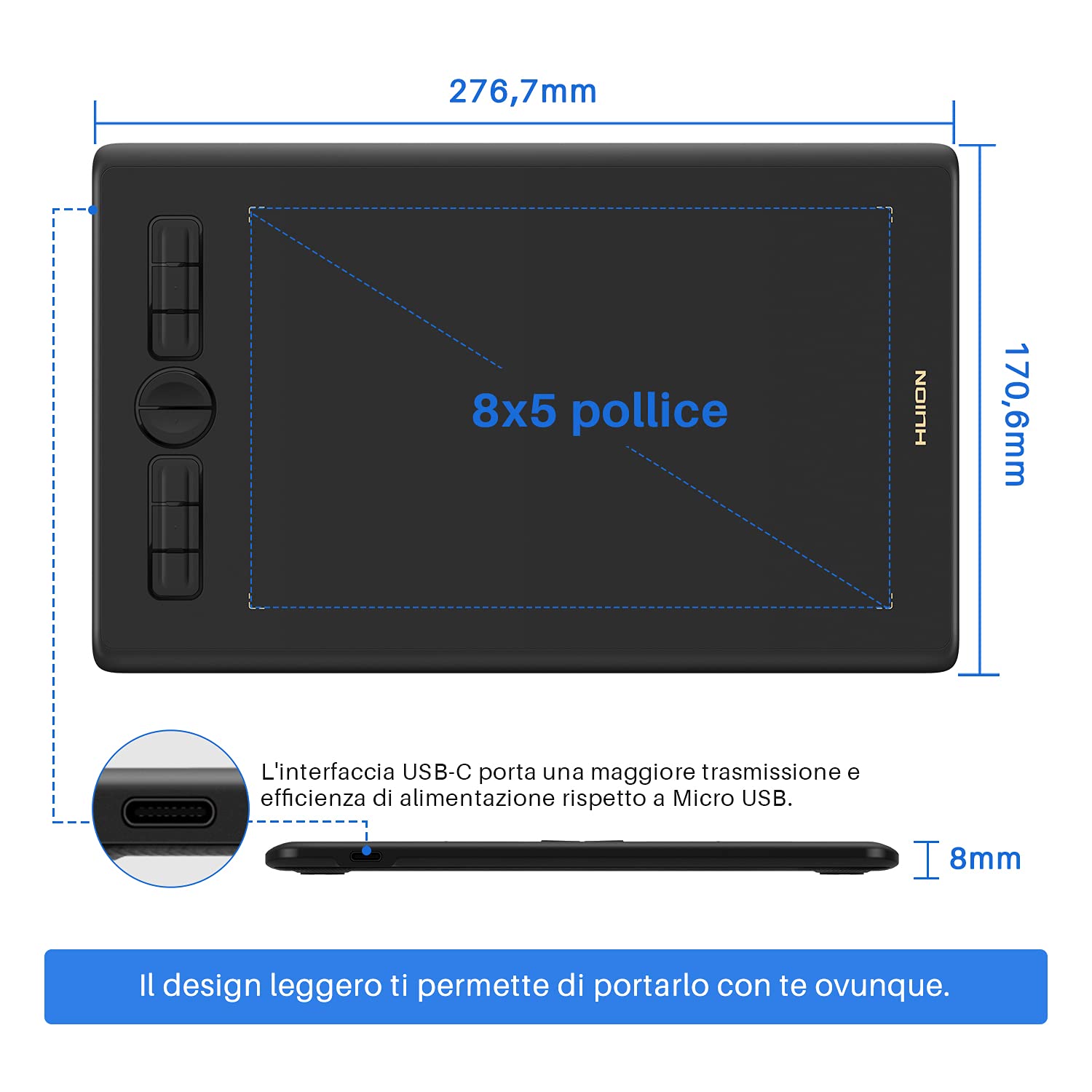 HUION Inspiroy H580X Tavoletta Grafica, 8 Tasti, 8192 Livelli Pressione | 8 x 5 Pollici Compatibile Android, Windows, Mac, Chrome OS, Stilo Senza Batteria, Ideale Dipingere, Ufficio