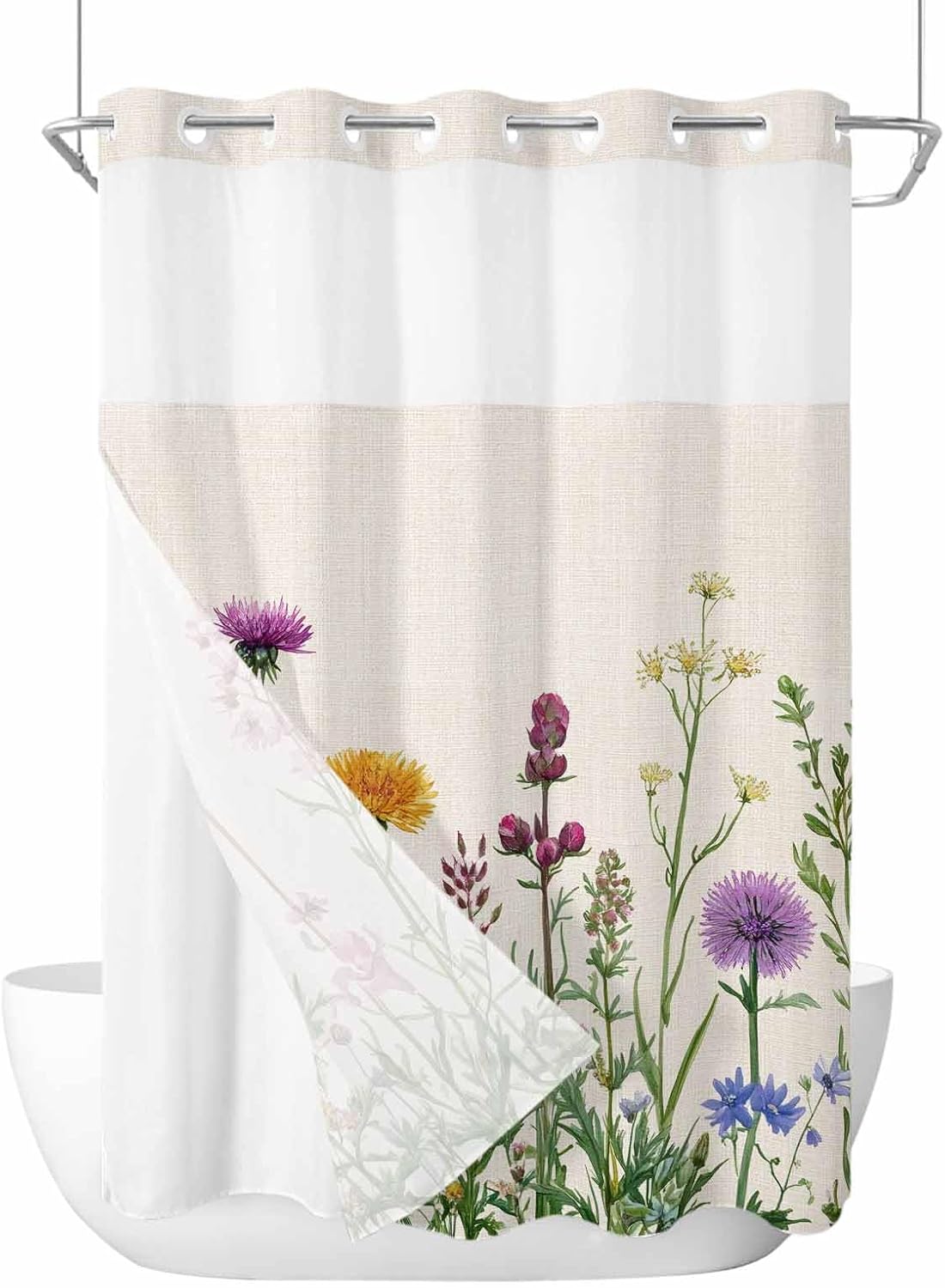 No Hook Shower Curtain with Snap in Fabric Liner Set-Spring Pastoral Flower Wildflower on Linen Bathroom Curtains with See Through Mesh Top Window,Farm Herb Waterproof Double Shower Curtain 72x84In