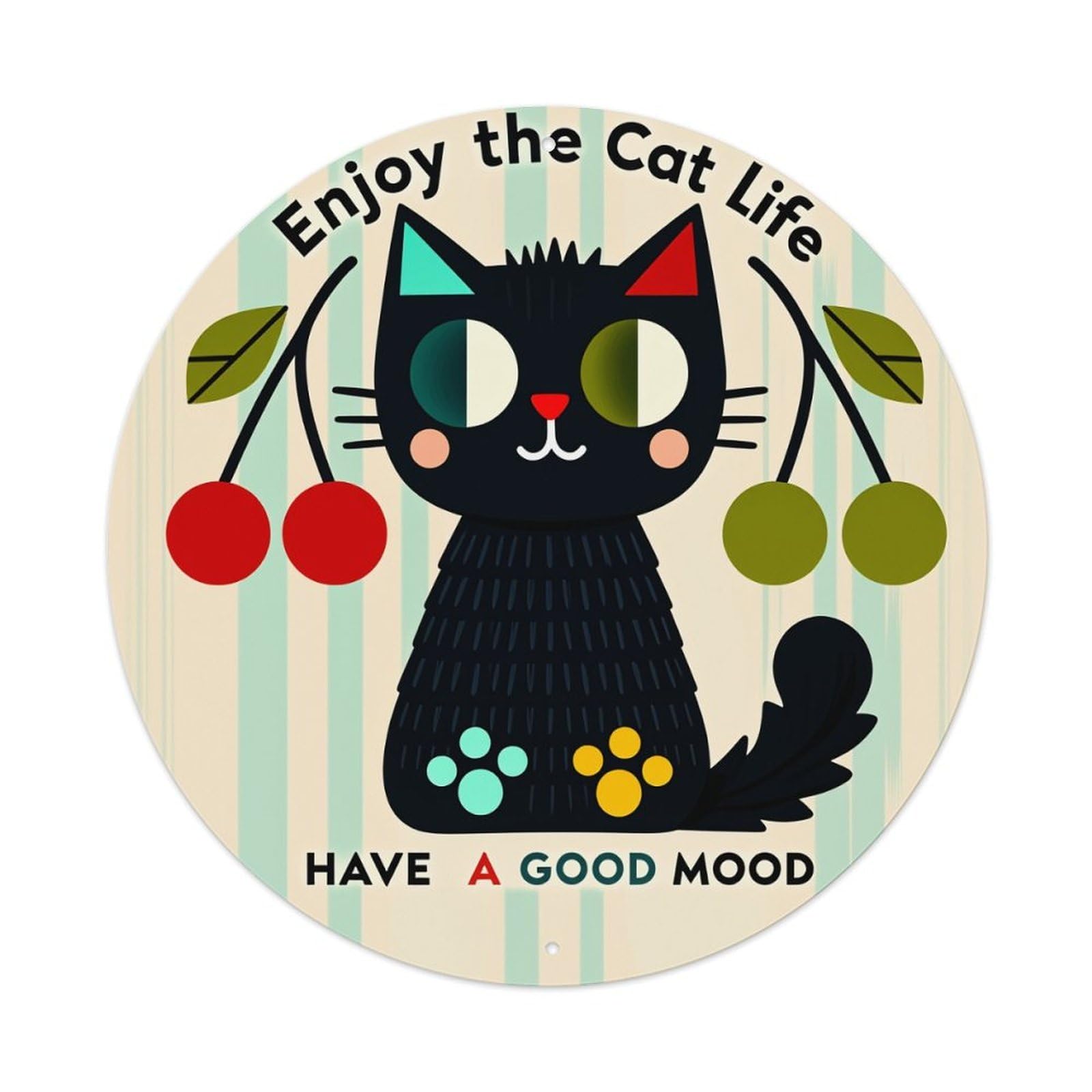 Black Cat Cherry Leaves Pattern Round Tin Sign Vintage Style Metal Sign Home Bar Garden Wall Plaque Decor Metal Poster 8x8 Inch