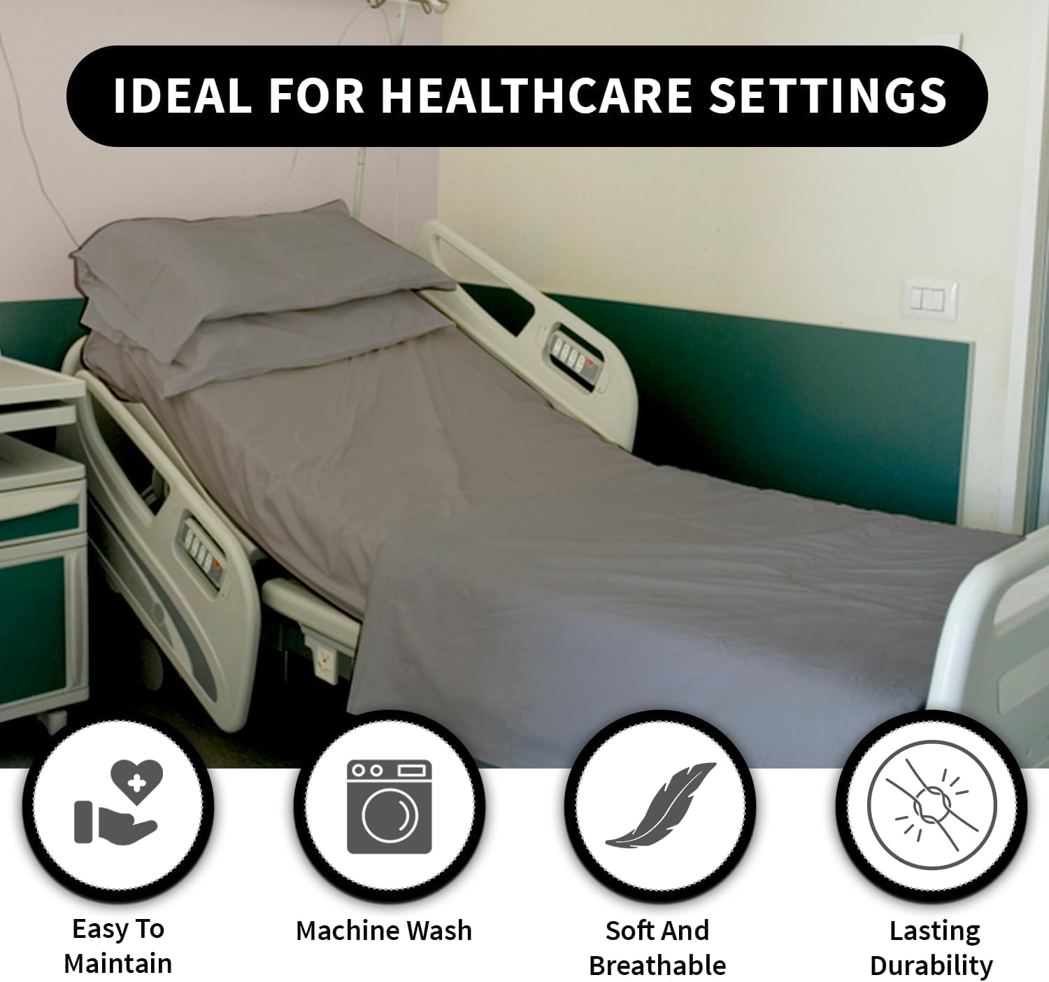 Hospital Bed Fitted Sheet & Pillow Cover Set - 100% Cotton 400 Thread Count, Standard 36x80x6 Inch, White
